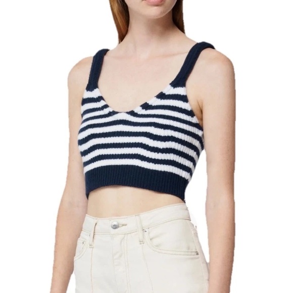 NWT Simkhai Womens Cropped Striped V-Neck Tank Dark Blue Wool Cashmere Size M - Picture 7 of 8